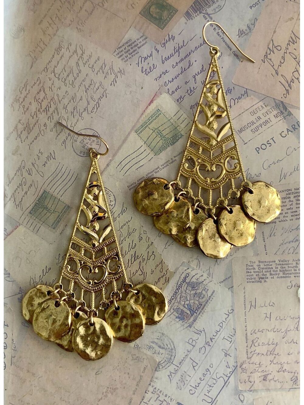 Vintage Boho Gold Dangle Earrings with Hammered Discs - Lightweight Statement